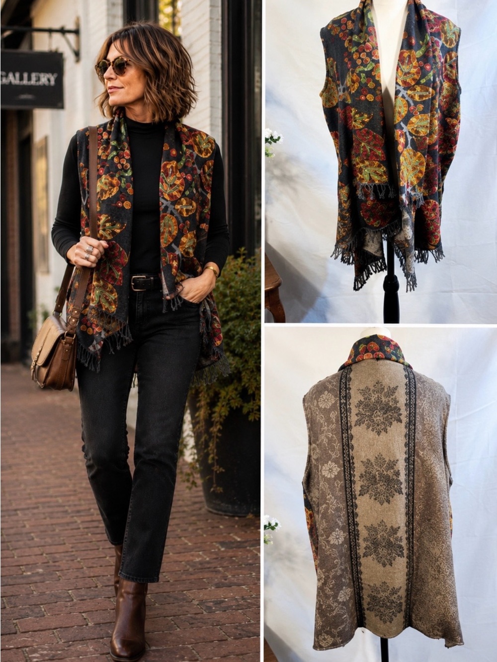 💥Soft Surroundings Ruana Open Front 100% Wool Fringe Vest Art to Wear Boho OS❤️